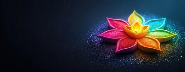 Obraz premium Colorful rangoli patterns digitally enhanced, glowing with light effects for Diwali celebration Rangoli art, Cultural decor