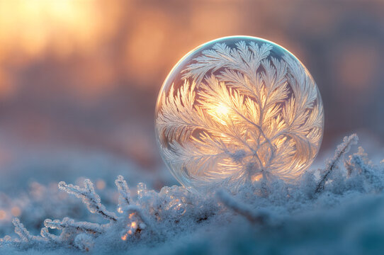 Frozen soap bubble with intricate ice patterns glowing in the winter sunrise, creating a magical and serene scene..
