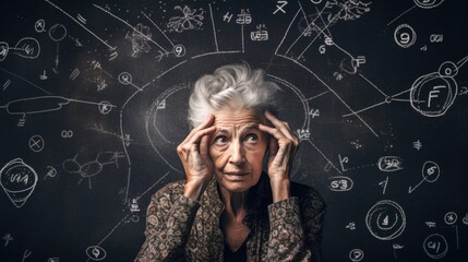 An elderly woman, lost in thought with a pensive expression, stands in front of a chalkboard filled with scientific diagrams and mathematical formulas.