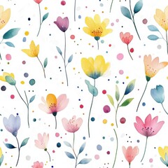 Watercolor spring flowers seamless pattern, pastel colors, white background