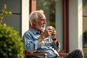 Senior man peacefully sipping coffee while sitting on a sunny balcony