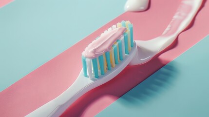 New toothbrush with toothpaste close-up on pastel background