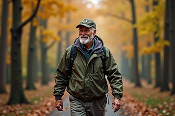 Obraz premium Senior man enjoying a peaceful walk through the woods in autumn