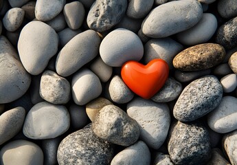 Red Heart Pebble Among Grey Rocks