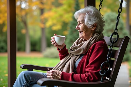 Older woman enjoying a cup of tea while sitting on a cozy porch swing