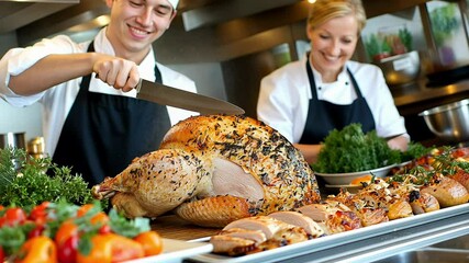 Skilled chefs expertly carve a golden-brown roasted turkey, plating it alongside vibrant seasonal vegetables for a festive meal.