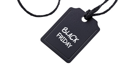 black price tag, text "BLACK FRIDAY", isolated on transparent background. Design element for promotional poster, sale poster, advertisement. Black Friday label for discount, bargains.