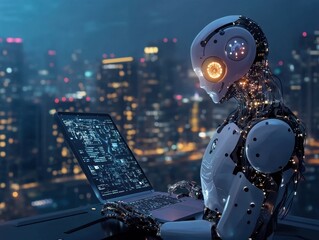 A futuristic robot coder working diligently on a laptop against a vibrant city skyline at night
