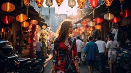 Naklejka premium A young woman in a red floral dress strolls through a lantern-lit street market at dusk, exuding a sense of adventure and cultural immersion.