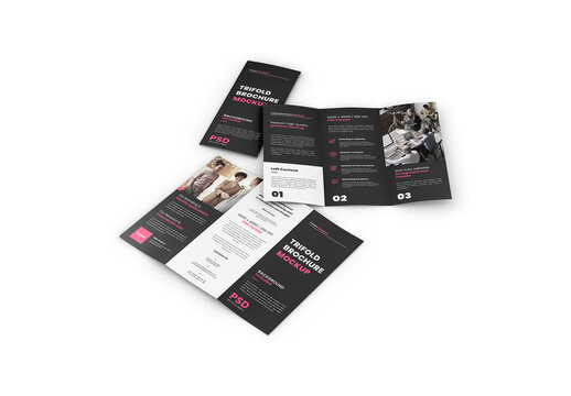 Trifold Brochure Mockup - Opened Inside Outside and Closed - Half Side View