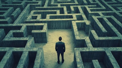 A man stands at the entrance of a vast labyrinth made of towering books, contemplating his journey through knowledge in the quiet of twilight