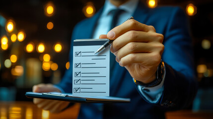 Business Performance Checklist in Corporate Setting, Businessman Approving Documents, Project Evaluation and Documentation Management, Enhancing Business Performance Concept