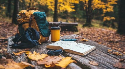 Exploring nature\'s beauty with a backpack and a warm drink during autumn adventures in a tranquil forest clearing