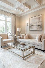 Fototapeta premium Living room with light walls and a glass coffee table