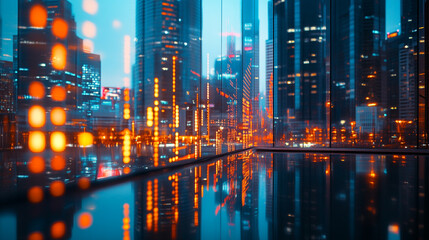 Obraz premium City skyline at night reflecting vibrant lights in a modern glass building interior
