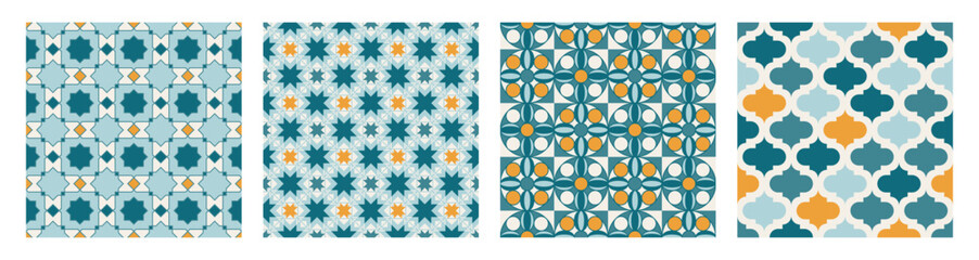 Collection of Arabic geometric mosaic printable seamless pattern with abstract Moroccan print in blue and orange colors. Ramadan Kareem Traditional Islamic art Illustration background