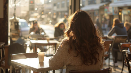 A woman sitting at a table with a cup of coffee in front of her