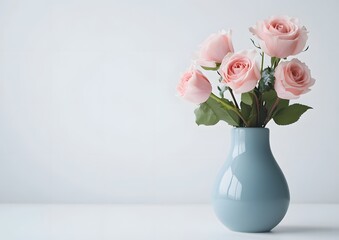 Fototapeta premium Pastel Pink Roses in Blue Vase on White Background