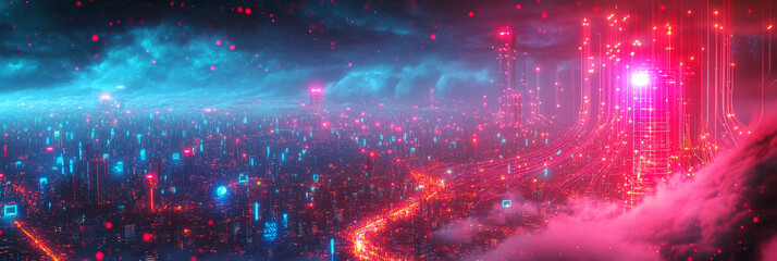 Obraz premium Futuristic cityscape glowing with neon lights.