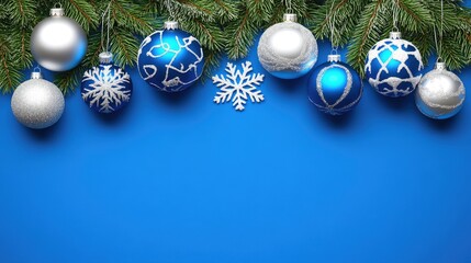 Creative blue and silver Christmas garland featuring pine branches, ornaments, and snowflakes for festive holiday decor
