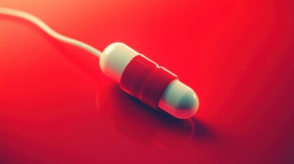 A vivid red capsule rests on a glossy surface, exuding a sense of mystery and intrigue during a dramatic lighting setup