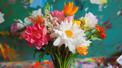 家の装飾用の花のアートにミックスペイントを施した鮮やかな春の花束