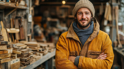 Fototapeta premium Happy Young Cabinetmaker Working in Rustic Workshop with Wood Pieces, Wearing Winter Clothing, Smiling, Craftsman Standing Proudly in Craft Studio, Woodworking, Artisan, Small Business Owner