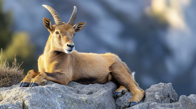 Extinct Pyrenean ibex resting on rocks in a mountain landscape  

