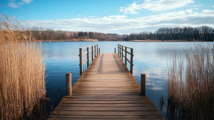 Fototapeta premium Wooden Dock leading to a Lake with Reeds