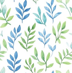 Watercolor, light blue and green leaves, white background, seamless pattern