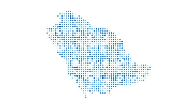 Saudi Arabia dotted digital map. Map of Saudi Arabia with pulsating colored circles. Shape of the country filled with blue disks. Classy video.