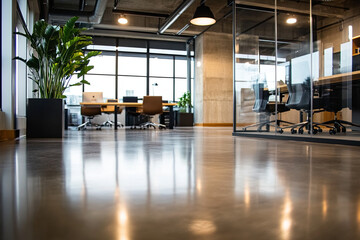 Fototapeta premium Sleek office design with glass partitions and polished concrete floors