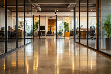 Fototapeta premium Sleek office design with glass partitions and polished concrete floors