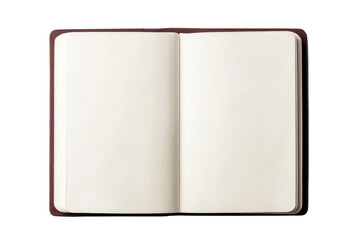 Open blank notebook with a brown cover, featuring empty pages ready for notes, sketches, or journaling. Minimal design offers space for creativity and ideas. Isolated on transparent background, png.