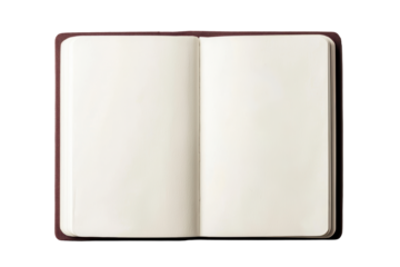 Open blank notebook with a brown cover, featuring empty pages ready for notes, sketches, or journaling. Minimal design offers space for creativity and ideas. Isolated on transparent background, png.