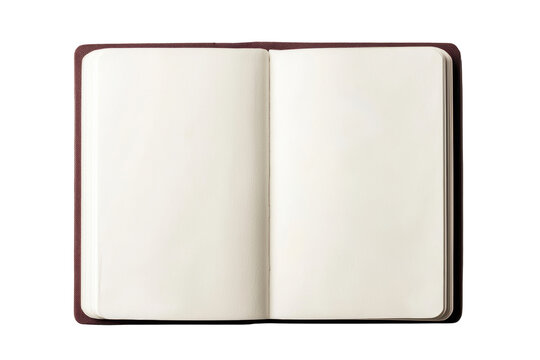 Open blank notebook with a brown cover, featuring empty pages ready for notes, sketches, or journaling. Minimal design offers space for creativity and ideas. Isolated on transparent background, png.
