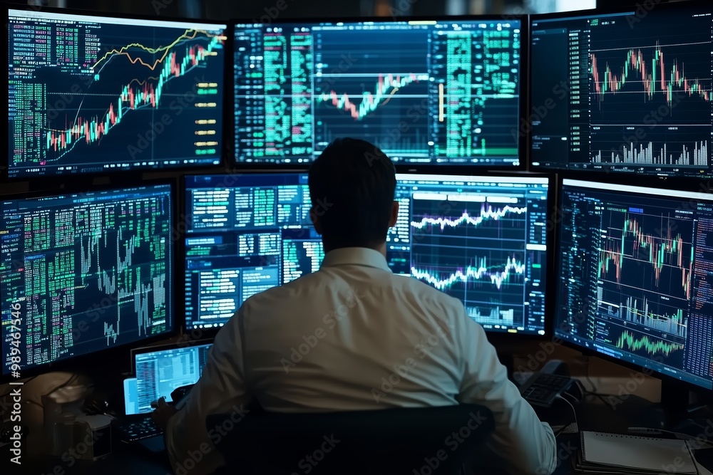 Poster trader analyzing stock market trends at multiple computer screens in an office during a busy trading