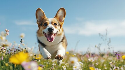 日本の活気に満ちた春の花畑で戯れる喜びに満ちたコーギー
