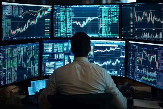 Trader analyzing stock market trends at multiple computer screens in an office during a busy trading session