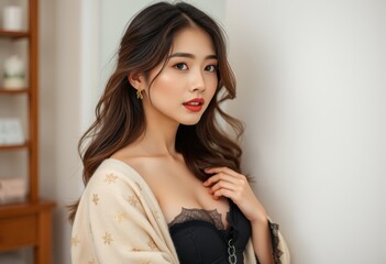 Portrait of a Young Woman with Long Brown Hair, Wearing a Cream Cardigan and Black Lace Bra