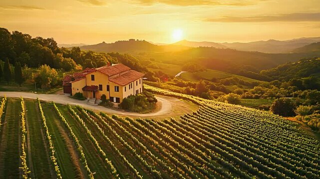 Sunset over vineyard estate, picturesque rural landscape with farmhouse, golden sunlight shining on agricultural fields and hills