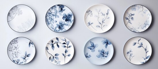 Obraz premium Coordinated decorative plates for interior design featuring a floral art deco pattern Empty porcelain plate mockup in white and grey tones Illustration design