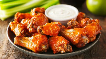 Fototapeta premium Crispy chicken wings coated in spicy sauce, served with ranch dressing and garnished with fresh celery on a wooden table.