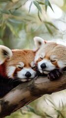 Fototapeta premium 竹林で休む愛らしいレッサーパンダ - 自然のポスターやカードに最適