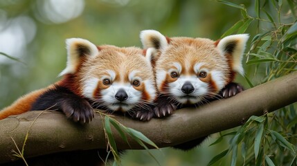 Fototapeta premium 日本の竹林の下で静かにくつろぐかわいいレッサーパンダ - 自然写真
