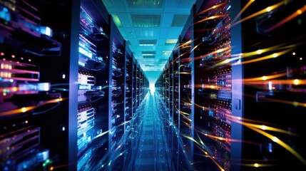 A futuristic server room filled with glowing, multi-colored lights and complex cabling, representing the heart of a data center and advanced technology infrastructure.