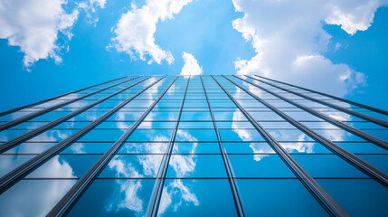 Reflections of clouds on a modern glass skyscraper under a bright blue sky