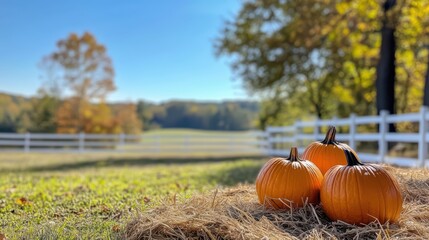 An autumn photo of pumpkins on hay bales in front of a white wooden fence, with a blue sky and a tree in the background