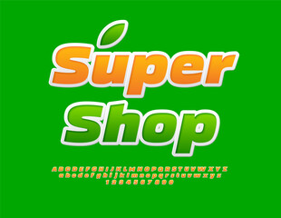 Vector advertising Signboard Super Shop. Bright creative Font. Sticker style Alphabet Letters and Numbers set.