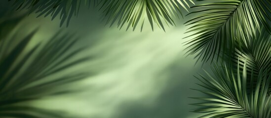 Obraz premium Green backdrop featuring a palm leaf shadow ideal for showcasing cosmetics and products Suitable for promotional and advertising purposes Top view flat lay composition
